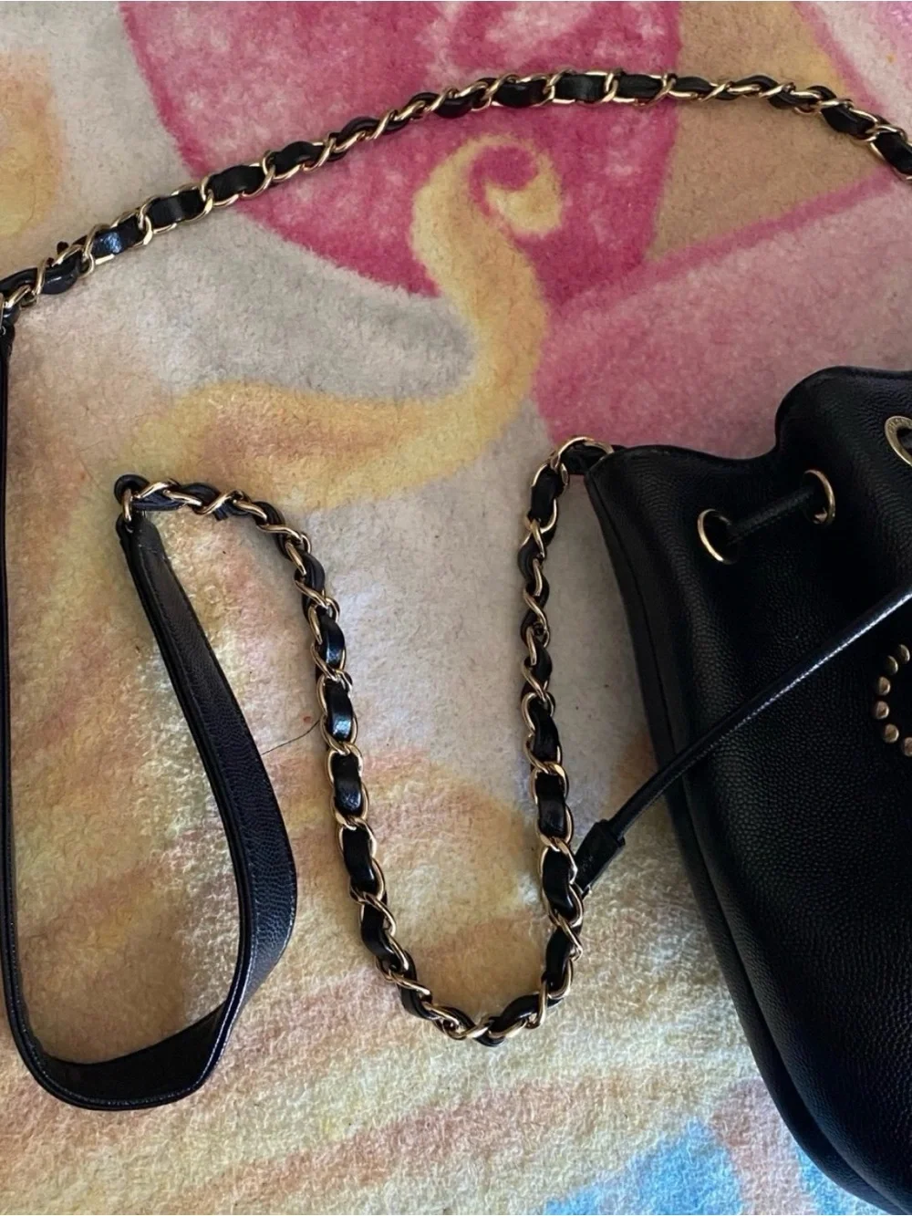 Chanel Bucket Black/gold Caviar Crossbody Studded small Mini CC Flap WOC Worn 1x